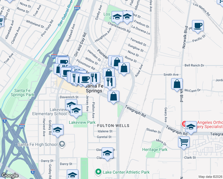 map of restaurants, bars, coffee shops, grocery stores, and more near 11721 Telegraph Road in Santa Fe Springs