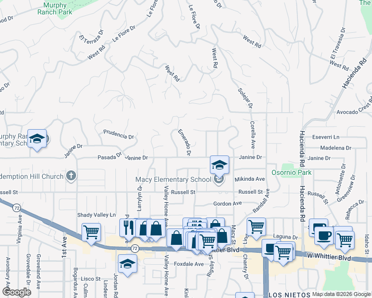 map of restaurants, bars, coffee shops, grocery stores, and more near 10005 Emerado Drive in Whittier