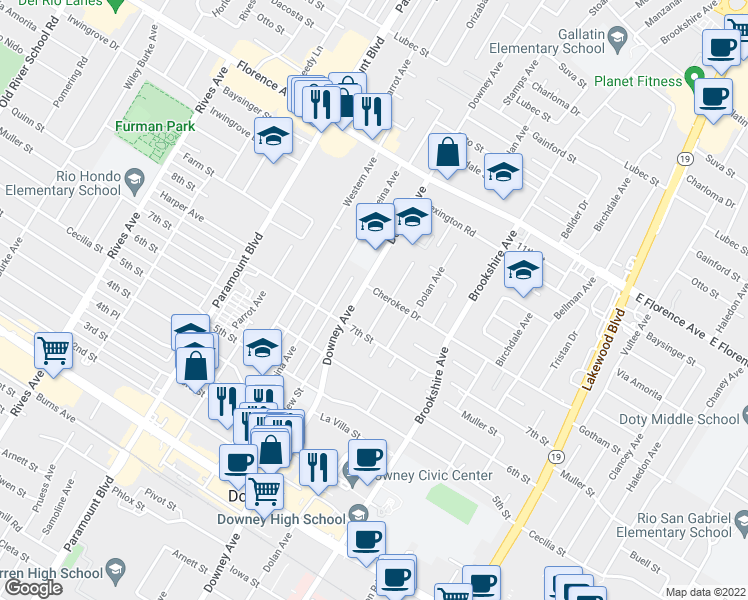 map of restaurants, bars, coffee shops, grocery stores, and more near 8316 Cherokee Drive in Downey