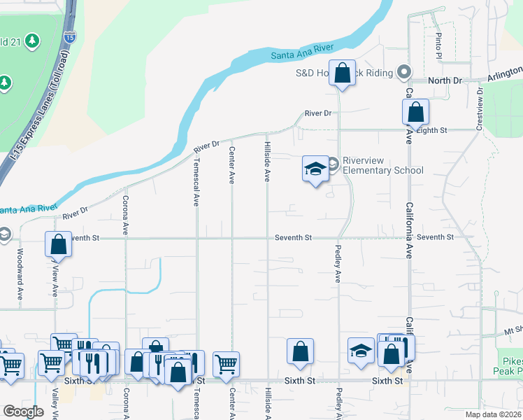 map of restaurants, bars, coffee shops, grocery stores, and more near 4444 Hillside Avenue in Norco