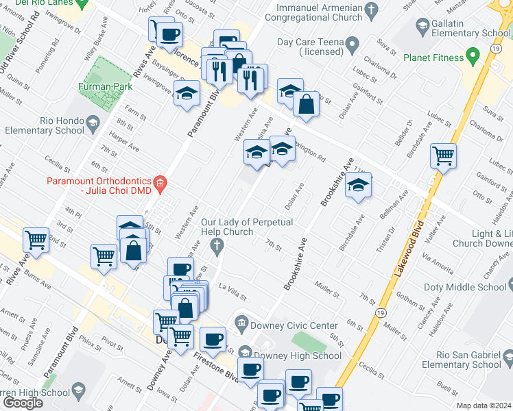 map of restaurants, bars, coffee shops, grocery stores, and more near 8316 Cherokee Drive in Downey