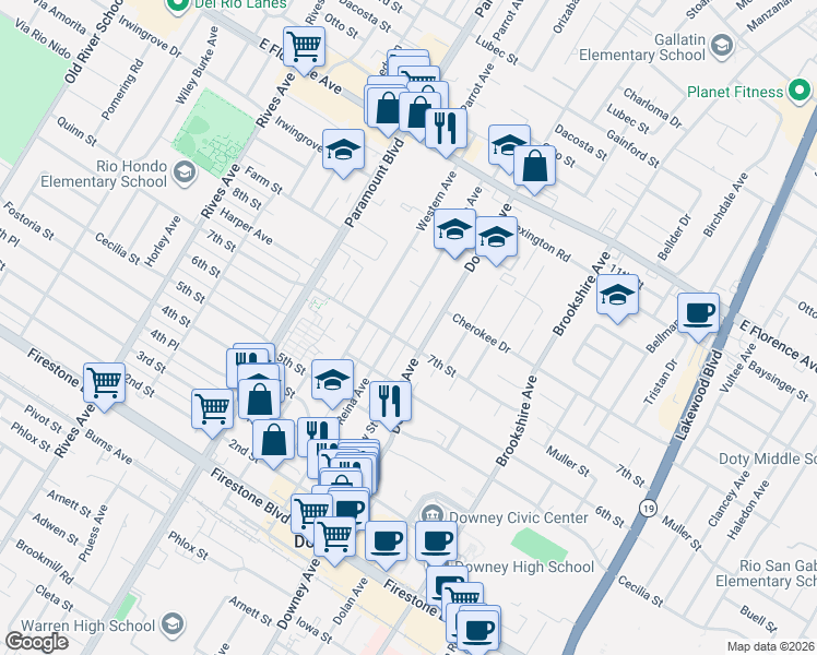 map of restaurants, bars, coffee shops, grocery stores, and more near 10547 Downey Avenue in Downey
