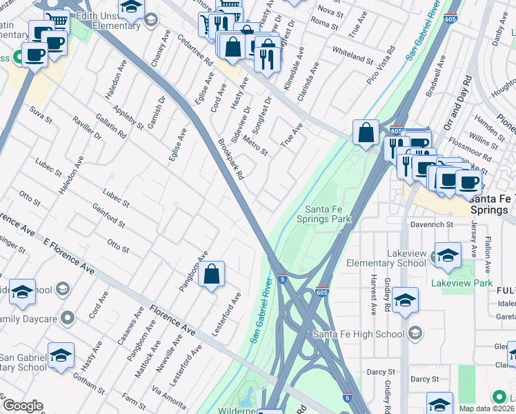 map of restaurants, bars, coffee shops, grocery stores, and more near 9720 Brookpark Road in Downey