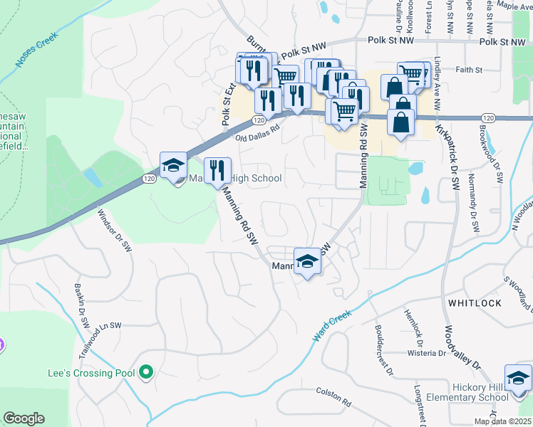 map of restaurants, bars, coffee shops, grocery stores, and more near 154 Kimberly Way Southwest in Marietta