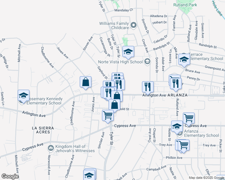 map of restaurants, bars, coffee shops, grocery stores, and more near 10303 Arlington Avenue in Riverside