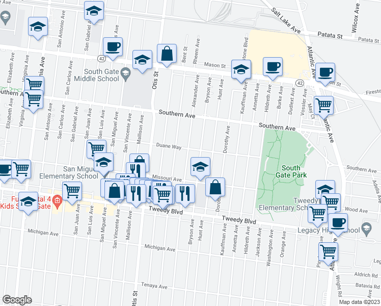 map of restaurants, bars, coffee shops, grocery stores, and more near 9520 Alexander Avenue in South Gate