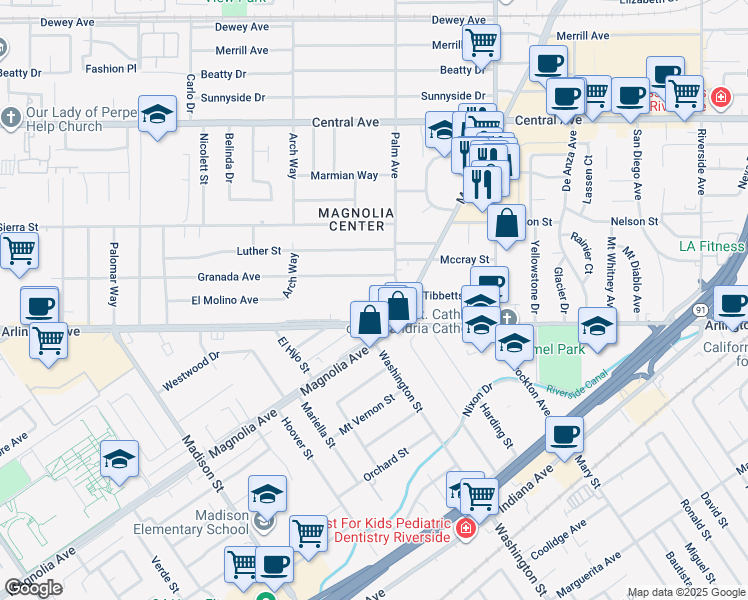 map of restaurants, bars, coffee shops, grocery stores, and more near Palm Court in Riverside