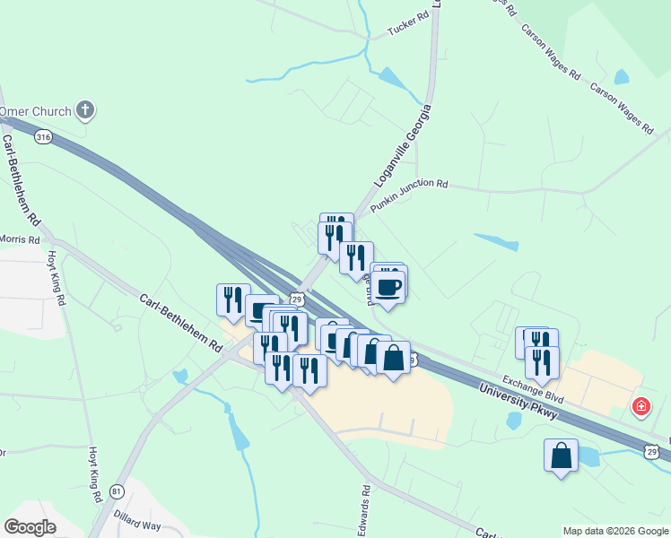 map of restaurants, bars, coffee shops, grocery stores, and more near 850 Loganville Highway in Bethlehem