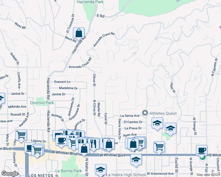 map of restaurants, bars, coffee shops, grocery stores, and more near 520 Passiflora Drive in La Habra Heights