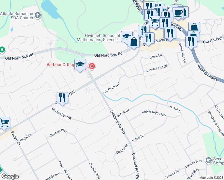 map of restaurants, bars, coffee shops, grocery stores, and more near 2112 Steffi Lane Northwest in Lawrenceville