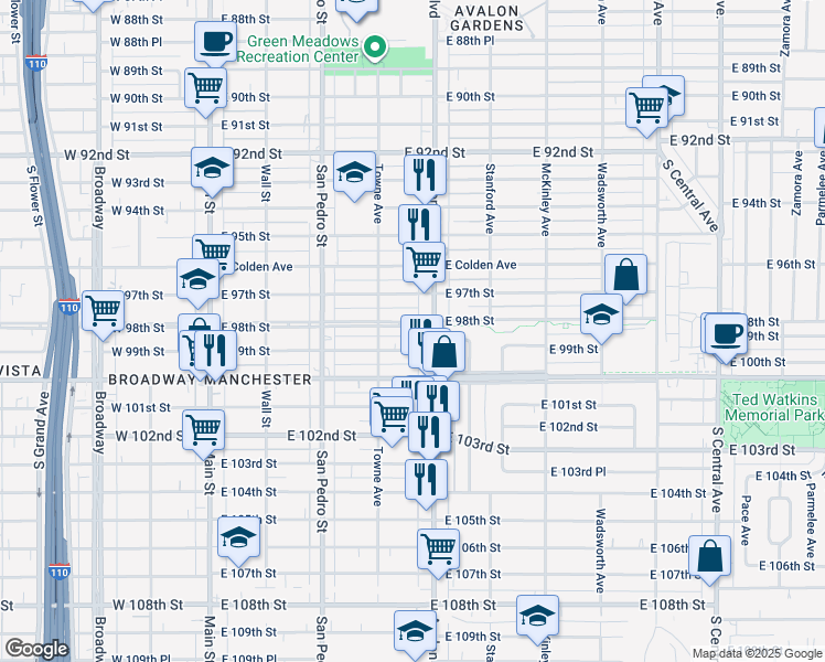 map of restaurants, bars, coffee shops, grocery stores, and more near 438 East 98th Street in Los Angeles