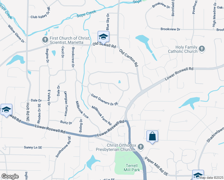 map of restaurants, bars, coffee shops, grocery stores, and more near 123 Gant Quarters Lane in Marietta