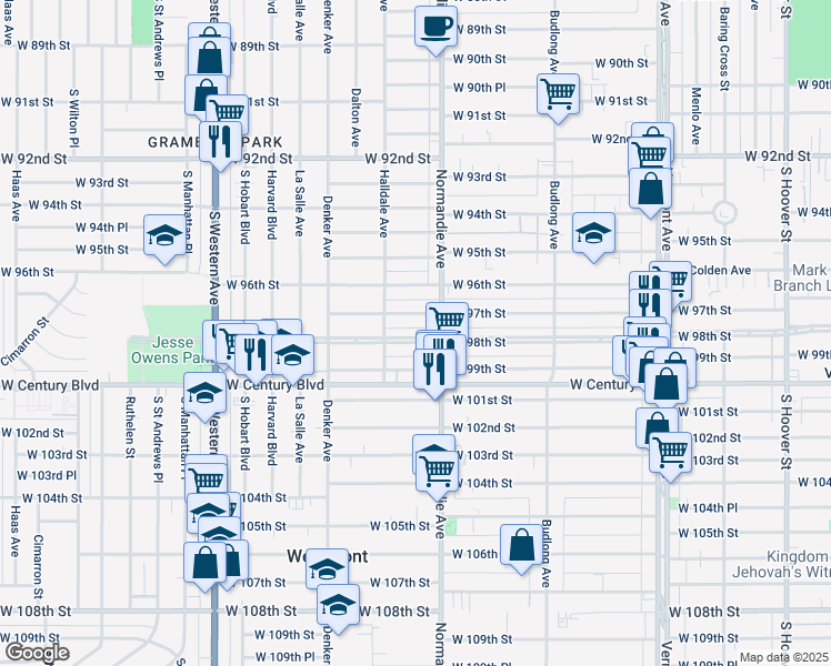 map of restaurants, bars, coffee shops, grocery stores, and more near 1446 West 98th Street in Los Angeles