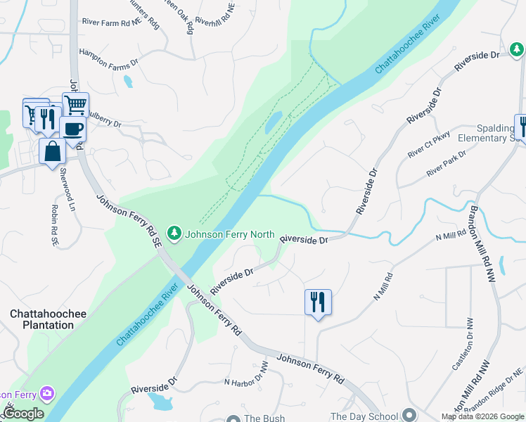 map of restaurants, bars, coffee shops, grocery stores, and more near 6950 Riverside Drive in Atlanta