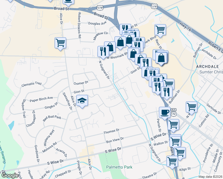 map of restaurants, bars, coffee shops, grocery stores, and more near 1090 North Guignard Drive in Sumter