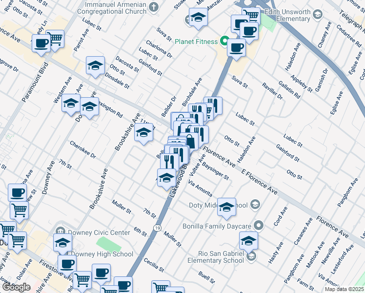 map of restaurants, bars, coffee shops, grocery stores, and more near 10308 Tristan Drive in Downey