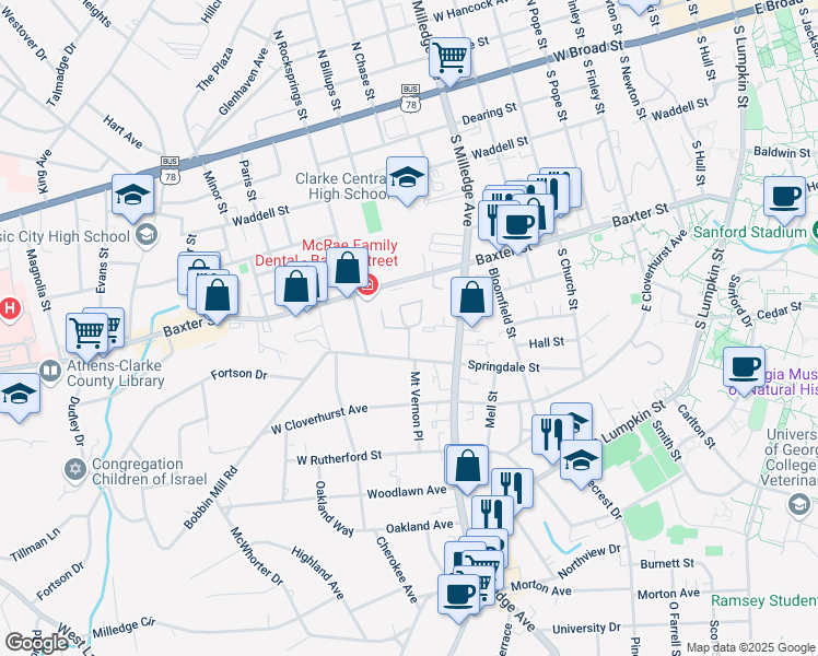 map of restaurants, bars, coffee shops, grocery stores, and more near 85 Myrna Court in Athens
