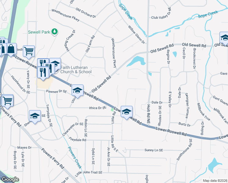 map of restaurants, bars, coffee shops, grocery stores, and more near 170 Kenley Ct in Marietta