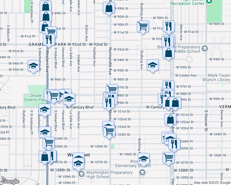 map of restaurants, bars, coffee shops, grocery stores, and more near 1343 West 98th Street in Los Angeles