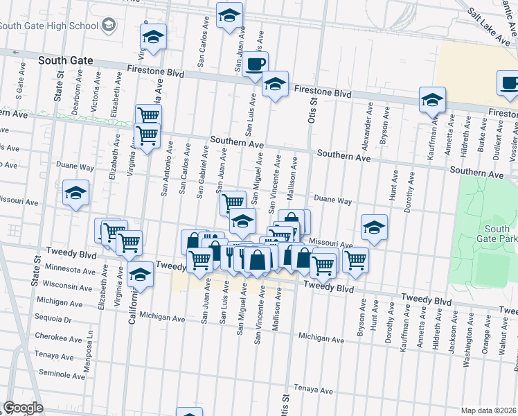 map of restaurants, bars, coffee shops, grocery stores, and more near 9540 San Miguel Avenue in South Gate