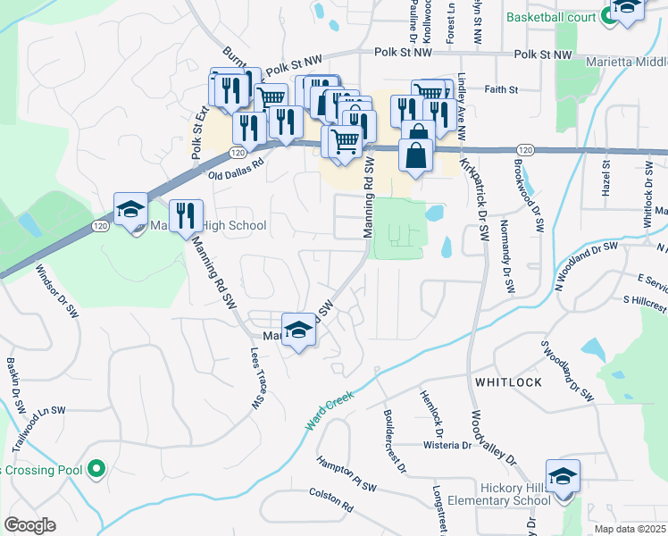 map of restaurants, bars, coffee shops, grocery stores, and more near 260 Manning Road Southwest in Marietta