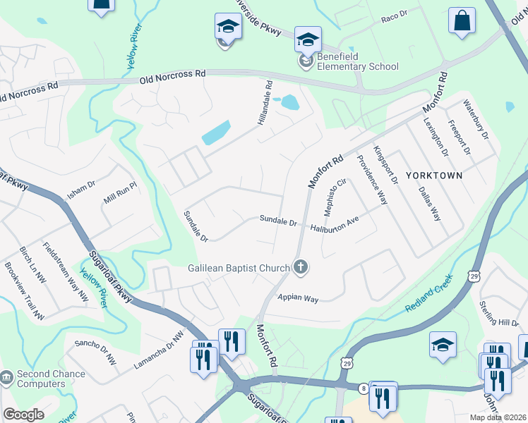 map of restaurants, bars, coffee shops, grocery stores, and more near 1381 Sundale Drive in Lawrenceville