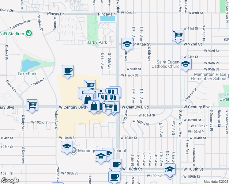 map of restaurants, bars, coffee shops, grocery stores, and more near 9809 Crenshaw Boulevard in Inglewood