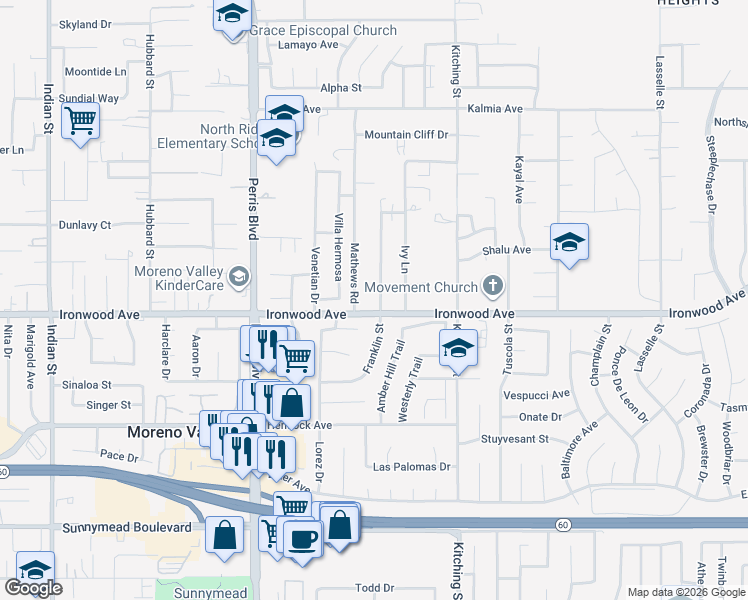 map of restaurants, bars, coffee shops, grocery stores, and more near 11981 Franklin Street in Moreno Valley