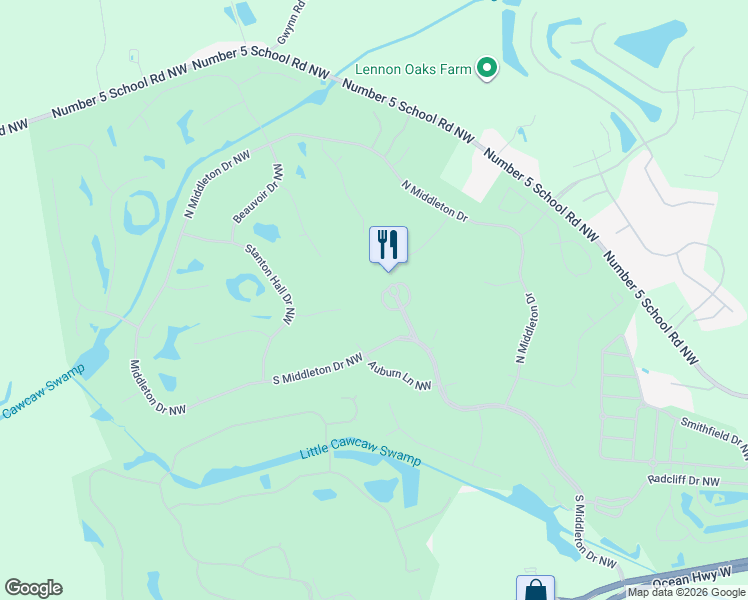 map of restaurants, bars, coffee shops, grocery stores, and more near 382 Brunswick Drive in Calabash