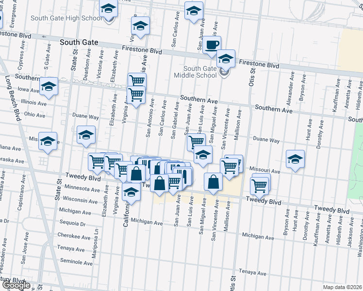map of restaurants, bars, coffee shops, grocery stores, and more near 9601 San Juan Avenue in South Gate