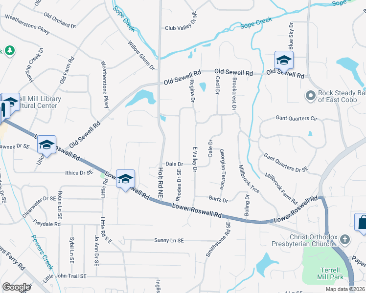 map of restaurants, bars, coffee shops, grocery stores, and more near 119 Rhodes Drive Southeast in Marietta