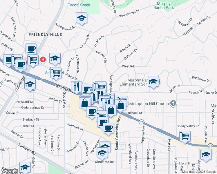 map of restaurants, bars, coffee shops, grocery stores, and more near 10015 Santa Gertrudes Avenue in Whittier
