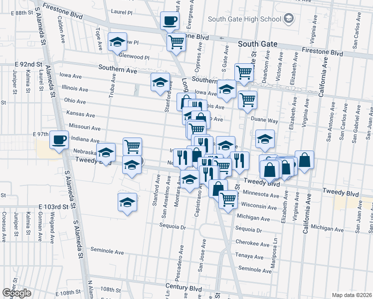 map of restaurants, bars, coffee shops, grocery stores, and more near 3011 Indiana Avenue in South Gate