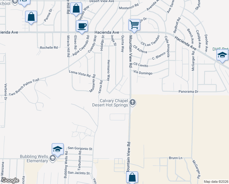map of restaurants, bars, coffee shops, grocery stores, and more near 67850 Whitney Court in Desert Hot Springs