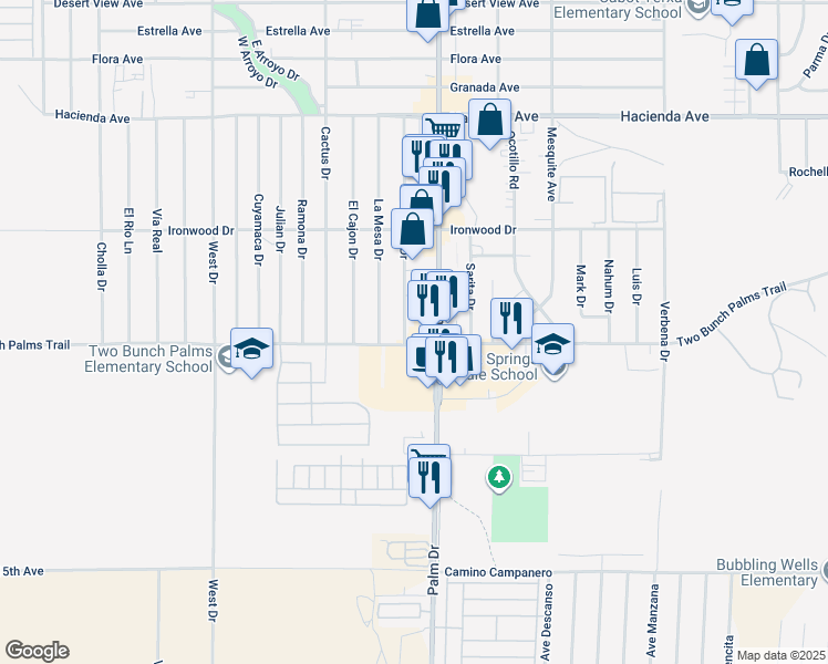 map of restaurants, bars, coffee shops, grocery stores, and more near 14001 Palm Drive in Desert Hot Springs