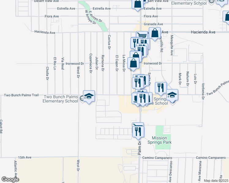 map of restaurants, bars, coffee shops, grocery stores, and more near 66311 Two Bunch Palms Trail in Desert Hot Springs