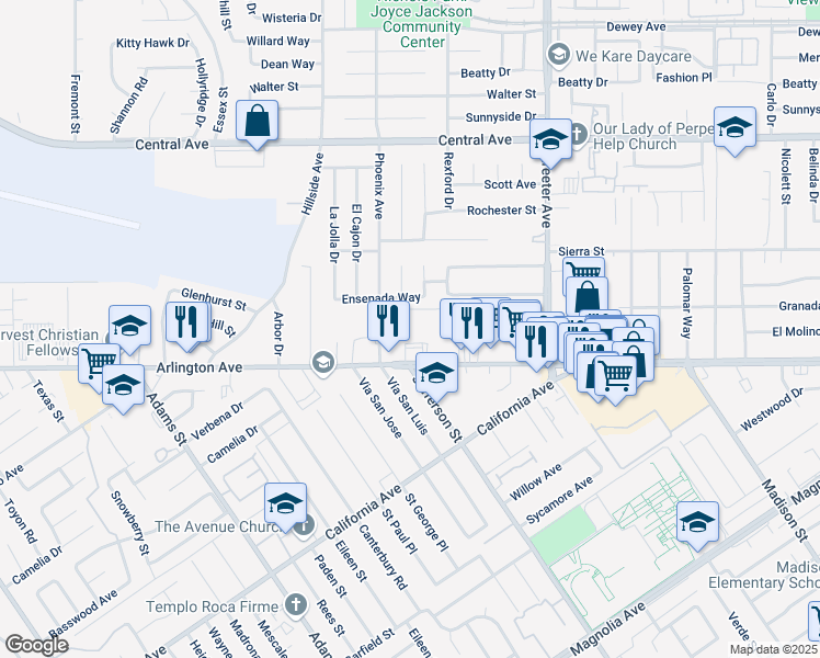 map of restaurants, bars, coffee shops, grocery stores, and more near 5573 Arlington Avenue in Riverside