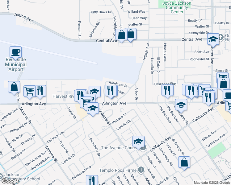 map of restaurants, bars, coffee shops, grocery stores, and more near 5866 Green Valley Road in Riverside