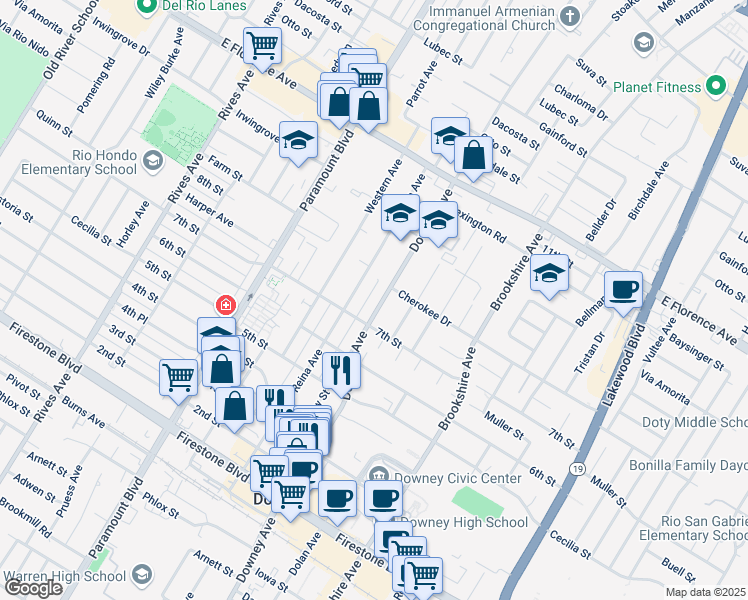map of restaurants, bars, coffee shops, grocery stores, and more near 10547 Downey Avenue in Downey