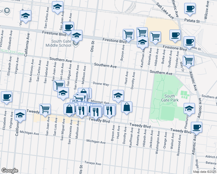 map of restaurants, bars, coffee shops, grocery stores, and more near 9538 Alexander Avenue in South Gate