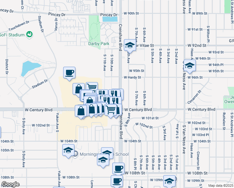 map of restaurants, bars, coffee shops, grocery stores, and more near 3132 West 99th Street in Inglewood
