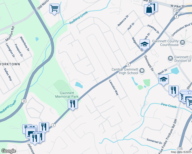 map of restaurants, bars, coffee shops, grocery stores, and more near 771 James Circle in Lawrenceville