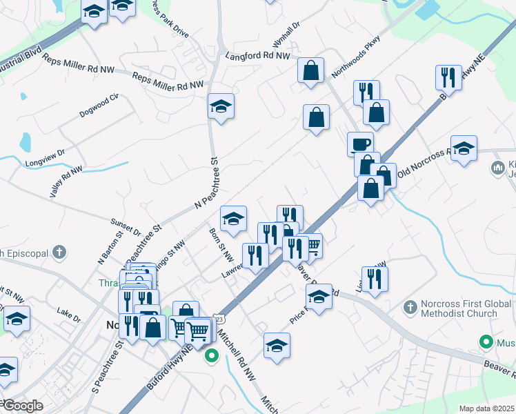 map of restaurants, bars, coffee shops, grocery stores, and more near 138 Beutell Street Northwest in Norcross