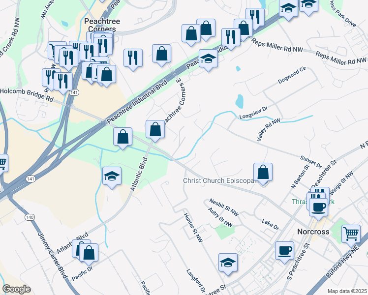 map of restaurants, bars, coffee shops, grocery stores, and more near 782 Holcomb Bridge Road in Norcross