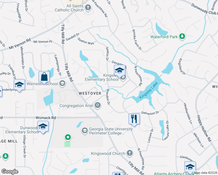map of restaurants, bars, coffee shops, grocery stores, and more near 2136 Brendon Drive in Dunwoody