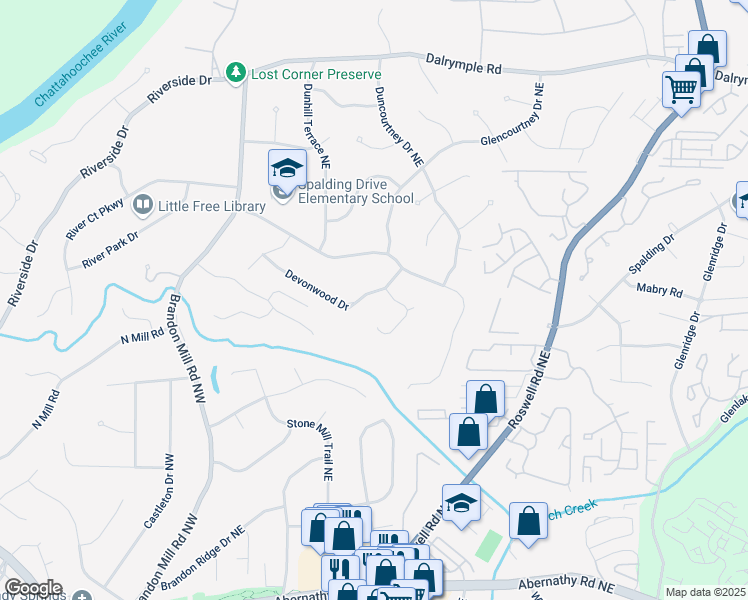 map of restaurants, bars, coffee shops, grocery stores, and more near 239 Devonwood Drive in Sandy Springs