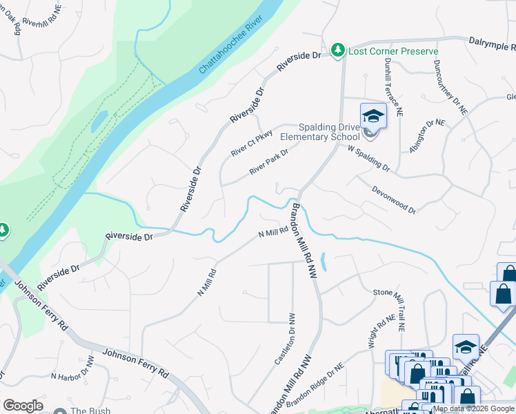 map of restaurants, bars, coffee shops, grocery stores, and more near 7790 Marsh Court Northwest in Atlanta