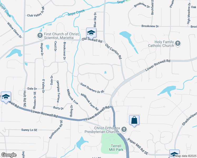 map of restaurants, bars, coffee shops, grocery stores, and more near 123 Gant Quarters Lane in Marietta