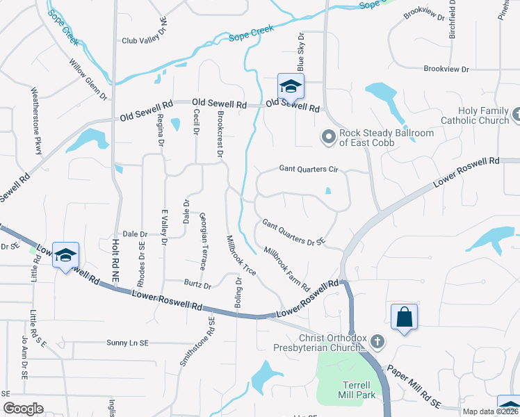 map of restaurants, bars, coffee shops, grocery stores, and more near 158 Millbrook Farm Road in Marietta