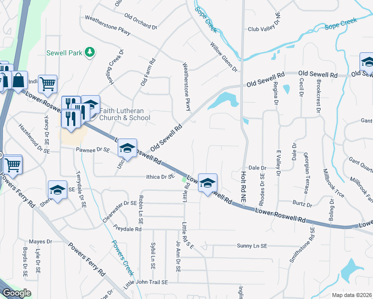 map of restaurants, bars, coffee shops, grocery stores, and more near 170 Kenley Court in Marietta